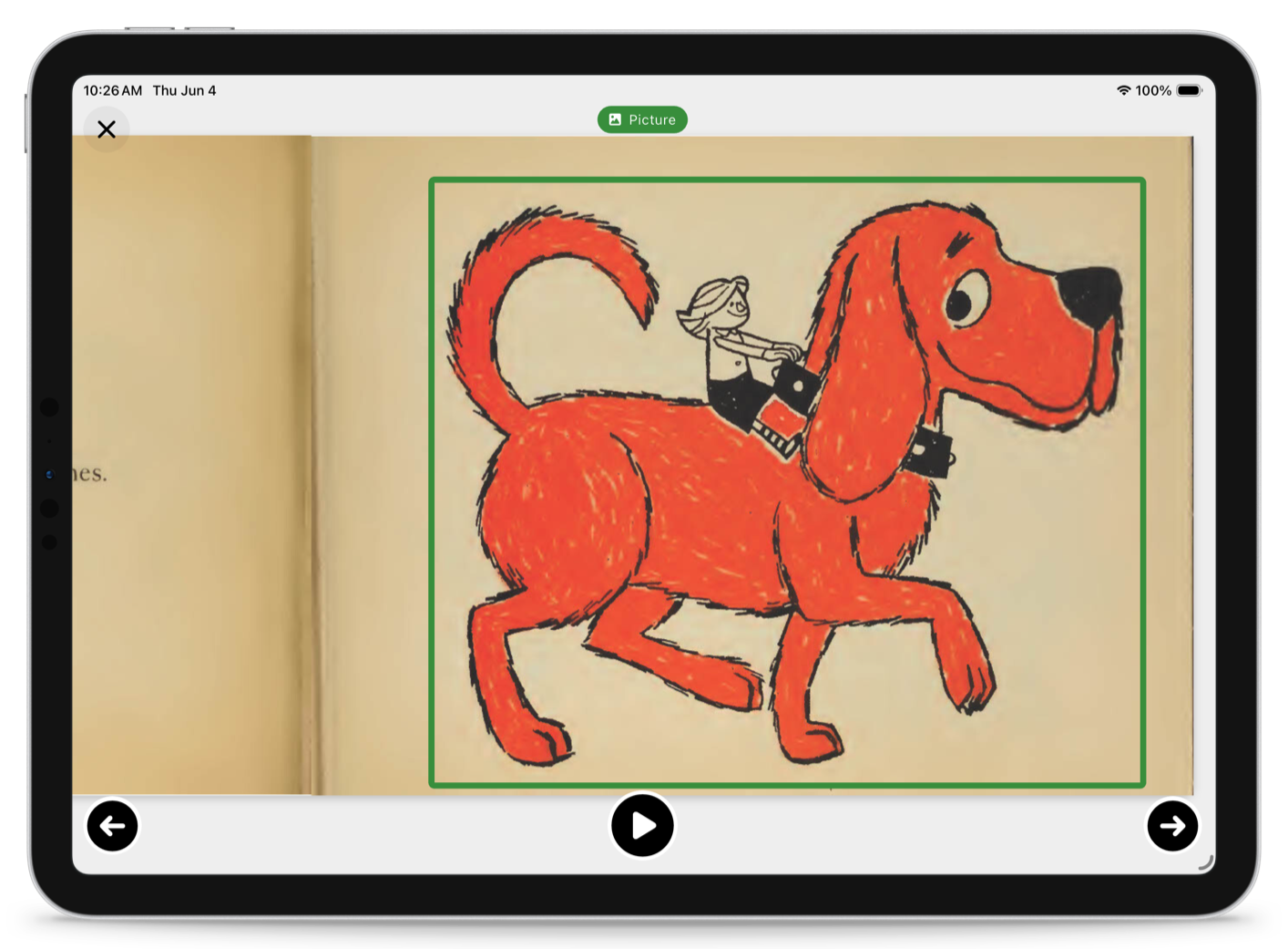 The ReadWithUs app running on an iPad. A spread of Clifford The Big Red Dog is displayed, highlighting the picture.