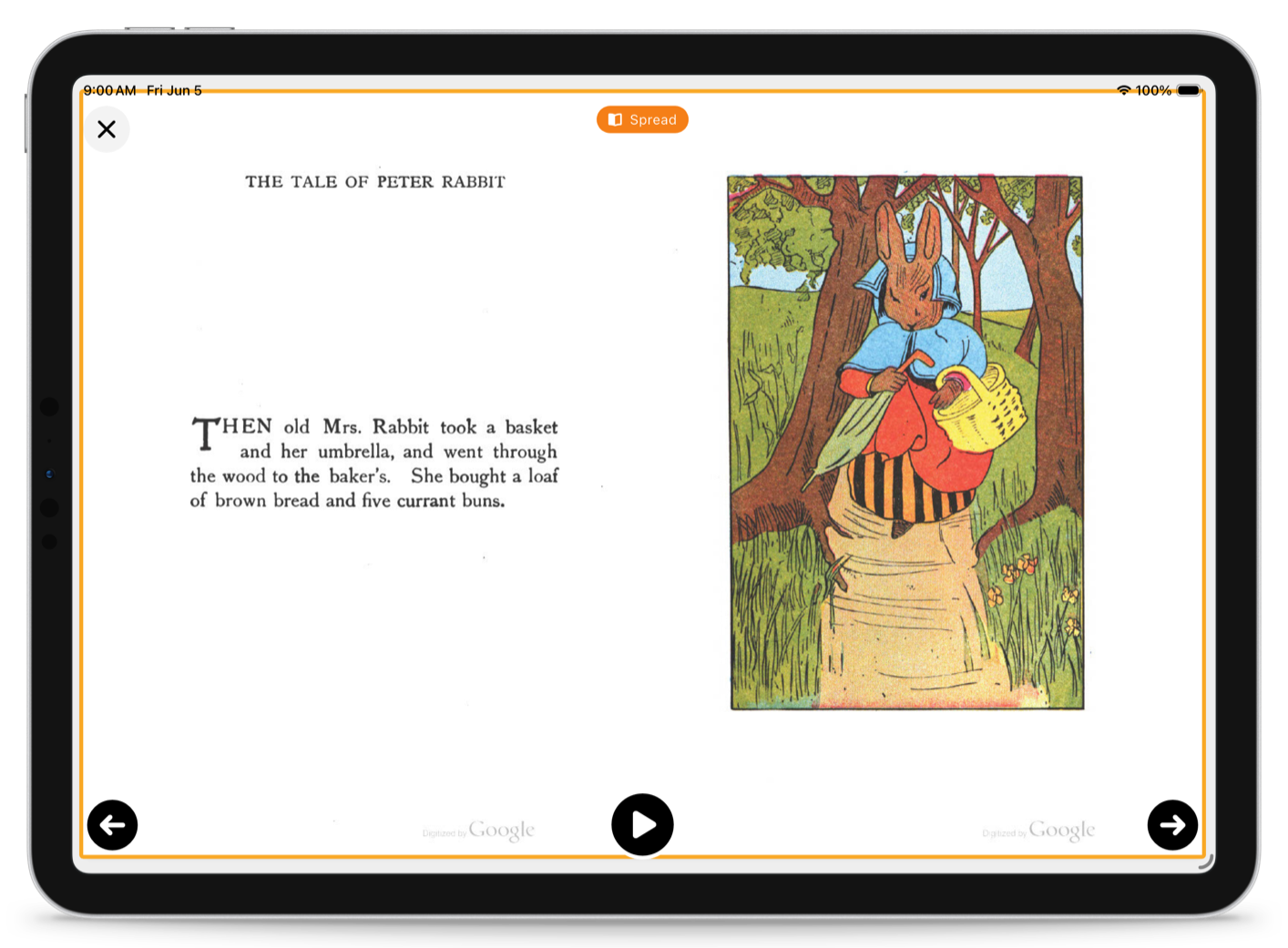 The ReadWithUs app running on an iPad. A spread of Peter Rabbit is displayed, highlighting the full spread.