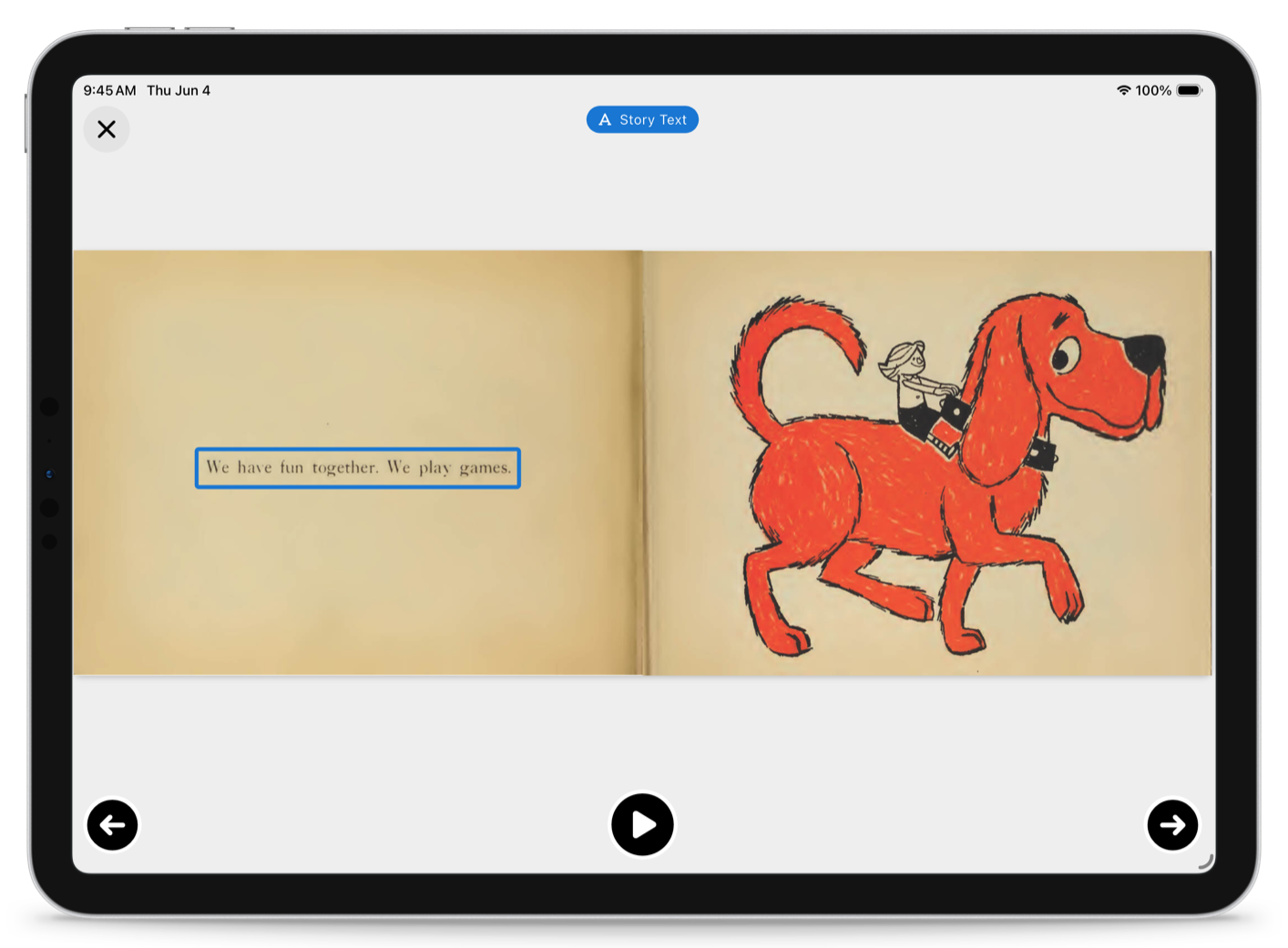 The ReadWithUs app running on an iPad. A spread of Clifford The Big Red Dog is displayed, highlighting the story text.