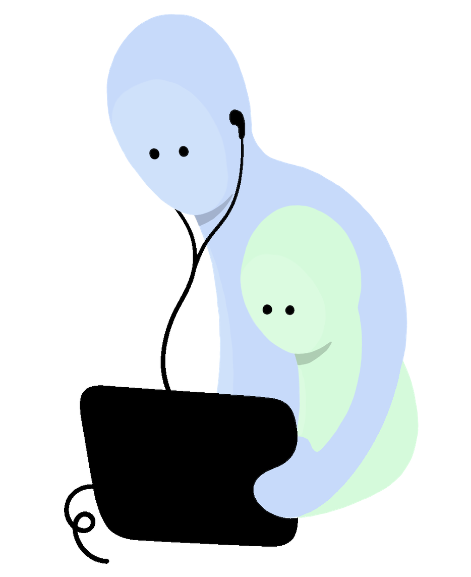 Parent and child reading together on an iPad. Parent uses headphones while the child looks on.
